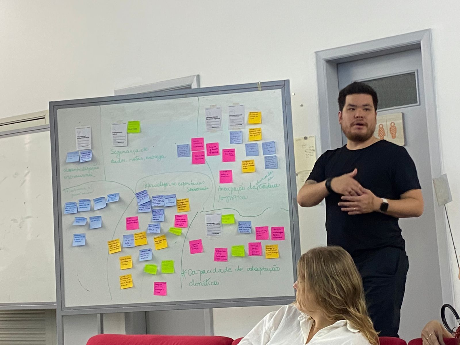 Rafael Bruno facilitando workshop de inovação com post-its